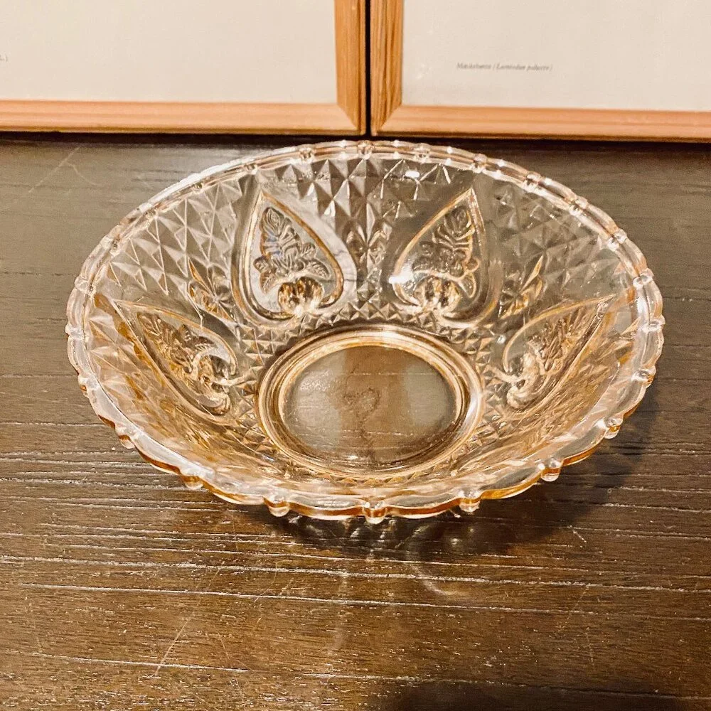 Vintage Pink Glass Candy Dish with Heart and Rose Pattern Victorian Style